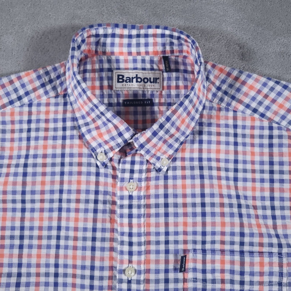 Barbour Shirt Mens Medium Short‎ Sleeve Button Down Tailored Orange Blue White